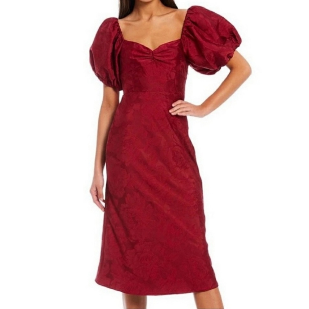 Sachin & Babi Gabby Red Floral Jacquard Sweetheart Neck Short Puff Sleeve Dress